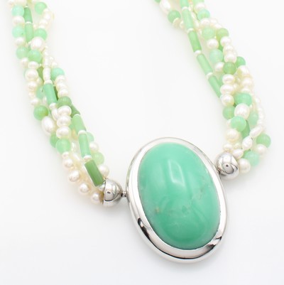 Image 5-reihige Chrysopraskette mit Süßwasserzucht- perlen, Wechselschl. 925er Silber, L. ...