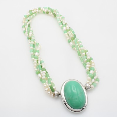 26968457a - 5-reihige Chrysopraskette mit Süßwasserzucht- perlen, Wechselschl. 925er Silber, L. ...