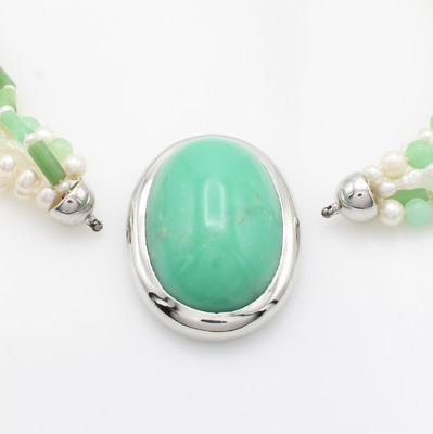 26968457b - 5-reihige Chrysopraskette mit Süßwasserzucht- perlen, Wechselschl. 925er Silber, L. ...