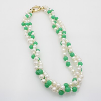 26968458a - 3 reihige Süßwasserzuchtperlenkette mit Chrysoprasen, Schmuckfederring GG ...