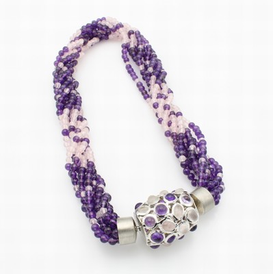 26968459a - 8-reihige Kette mit Amethysten und Rosen- quarzen, Wechselschl. 925er Silber, L. ca. 46 ...
