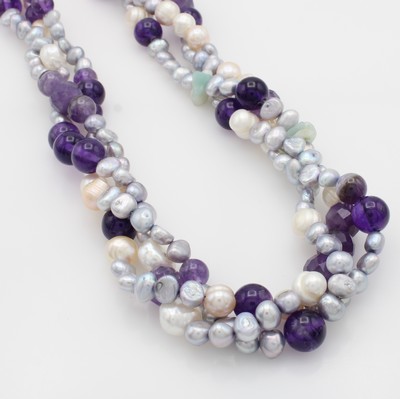 Image 26968462 - 3 reihige Süßwasserzuchtperlenkette mit Amethysten, Magnetschl. Silber verg., ...