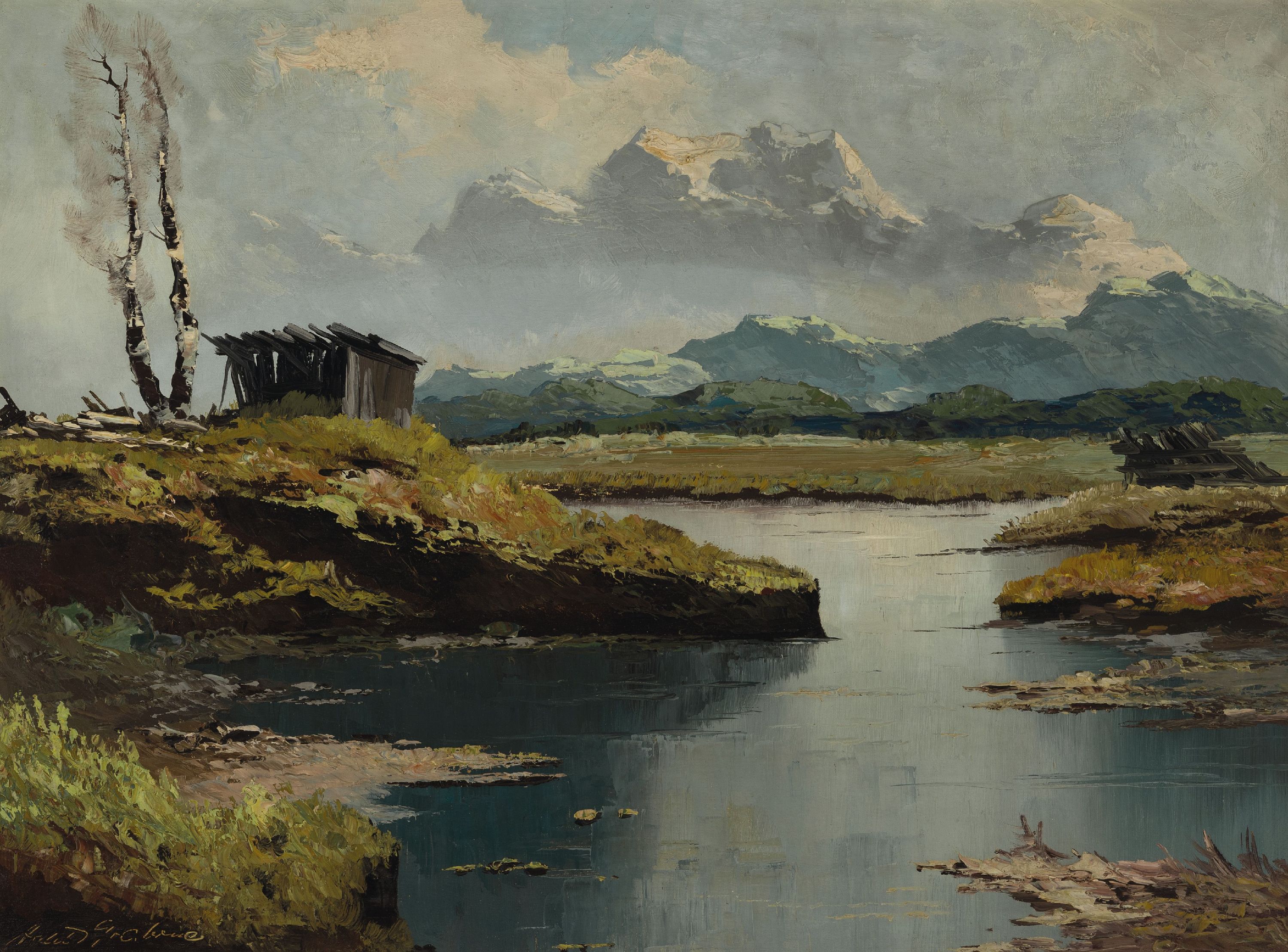 Prof. Georg Arnold-Grabone, 1896 München-1982 Starnberg, Voralpenlandschaft, links unten signiert, Öl/Lwd, 60x80 cm, Rahmen 80x100 cm