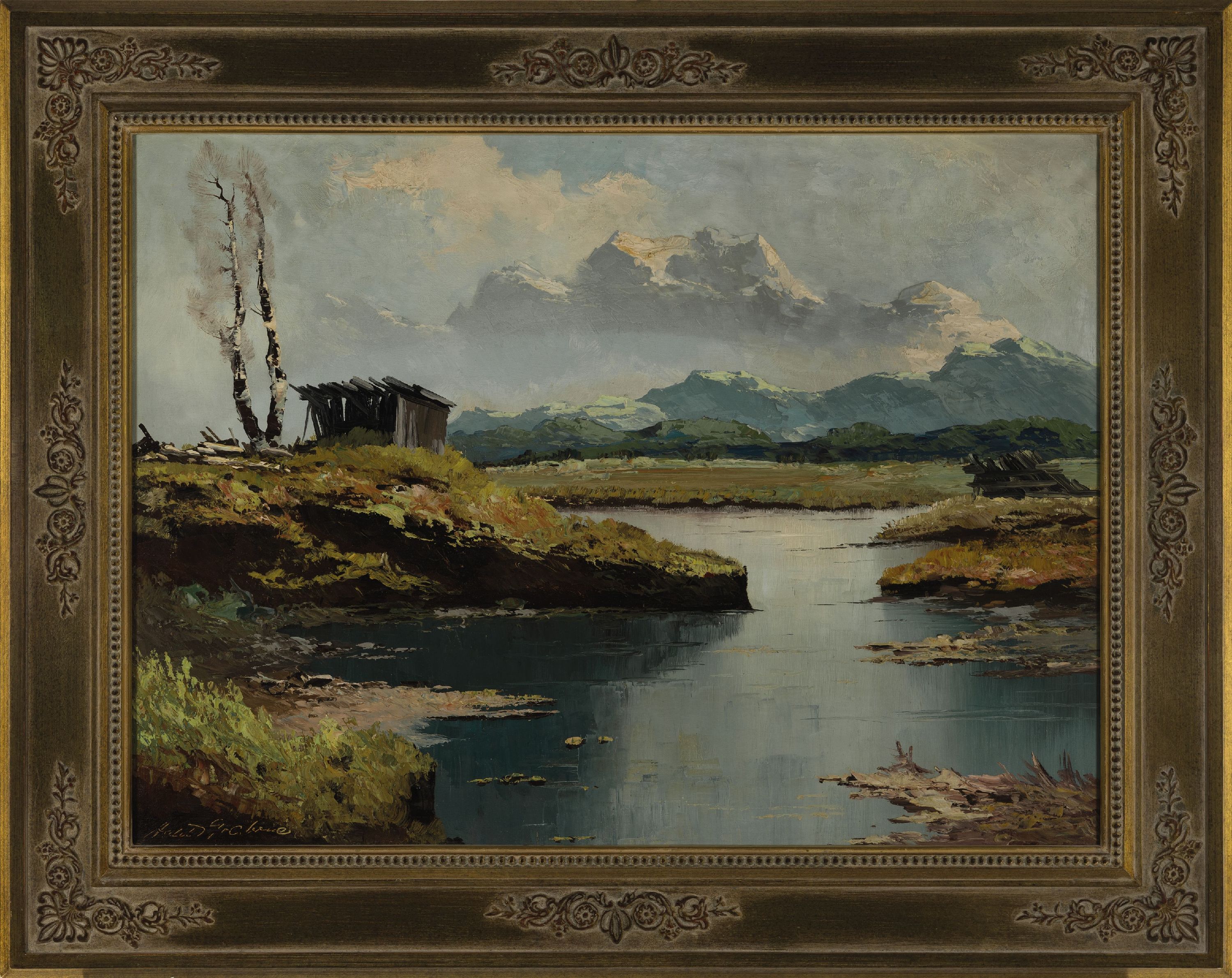 Detail k: Prof. Georg Arnold-Grabone, 1896 München-1982 Starnberg, Voralpenlandschaft, links unten signiert, Öl/Lwd, 60x80 cm, Rahmen 80x100 cm