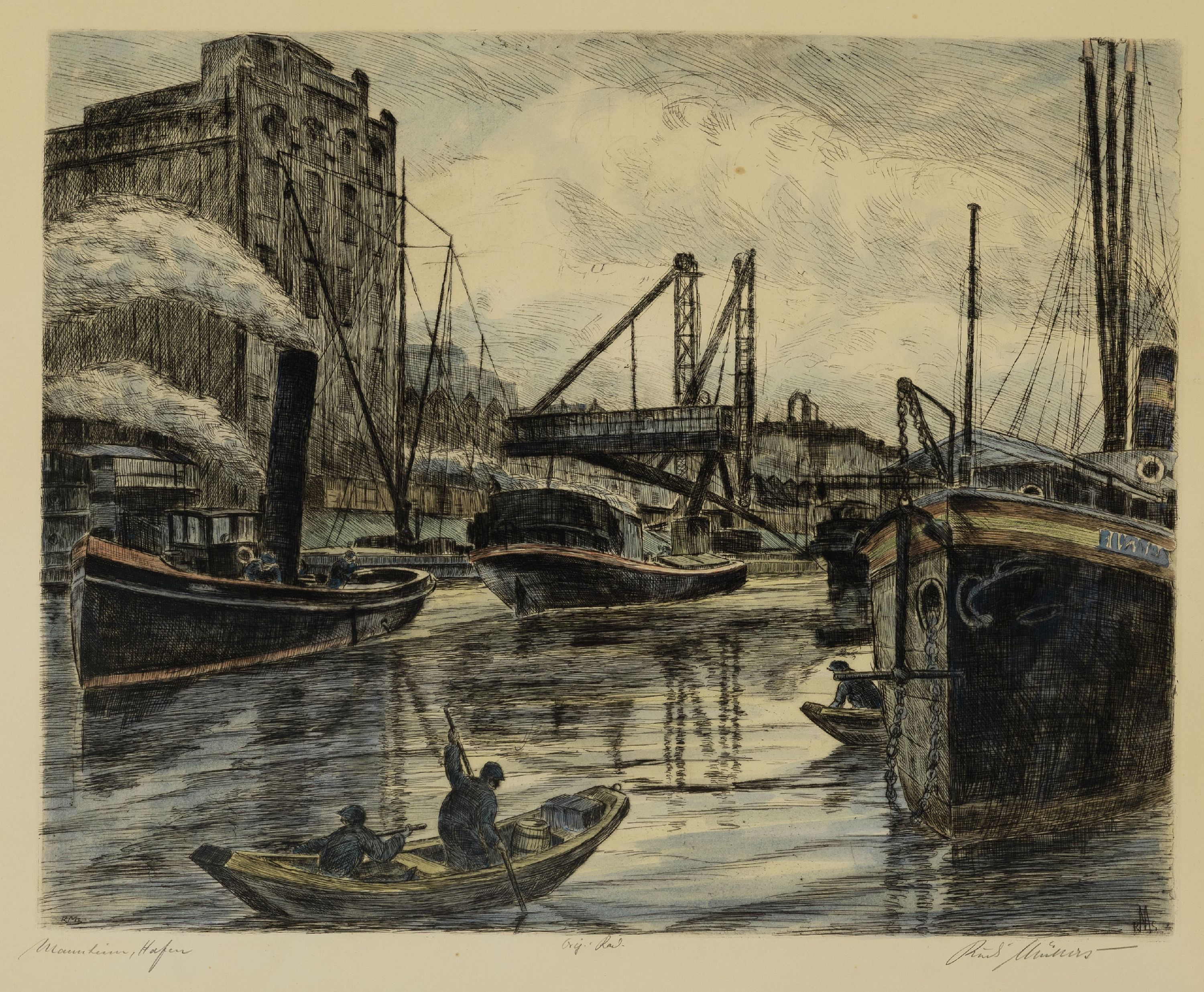 Rudi Müllers, 1895 München-1972 Heidelberg, Radierung, "Mannheim, Hafen", historische Ansicht der Kaufmannmühle, in der Platte ...