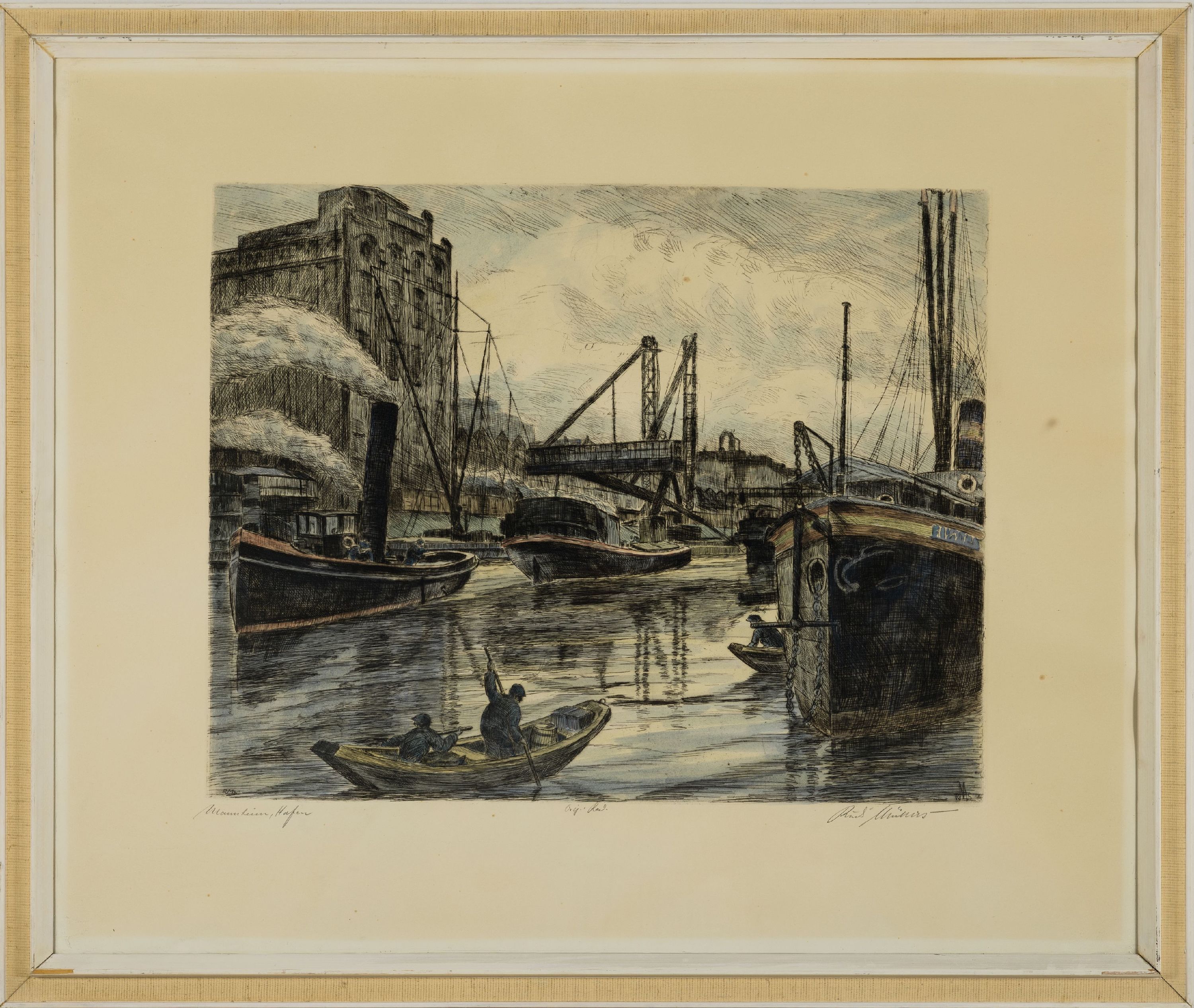 Detail k: Rudi Müllers, 1895 München-1972 Heidelberg, Radierung, "Mannheim, Hafen", historische Ansicht der Kaufmannmühle, in der Platte ...
