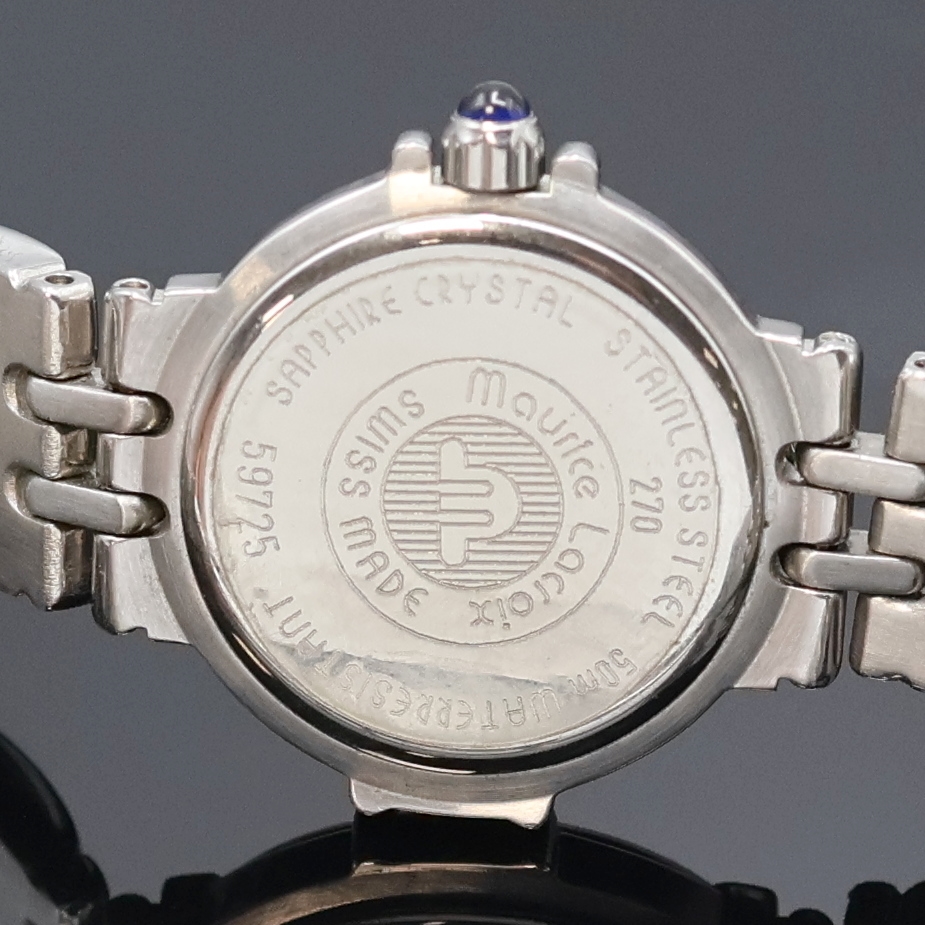Detail d: MAURICE LACROIX Damenarmbanduhr in Stahl Referenz 59725, Schweiz um 2005, quarz, Edelstahlgeh. inkl. Gliederband m. dopp. Faltschl., Boden aufgedr., ...