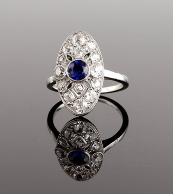 26968793b - Platin Saphir-Diamant-Ring, Pt. gepr., rundfacett. Saphir ca. 0.25 ct, 14 ...