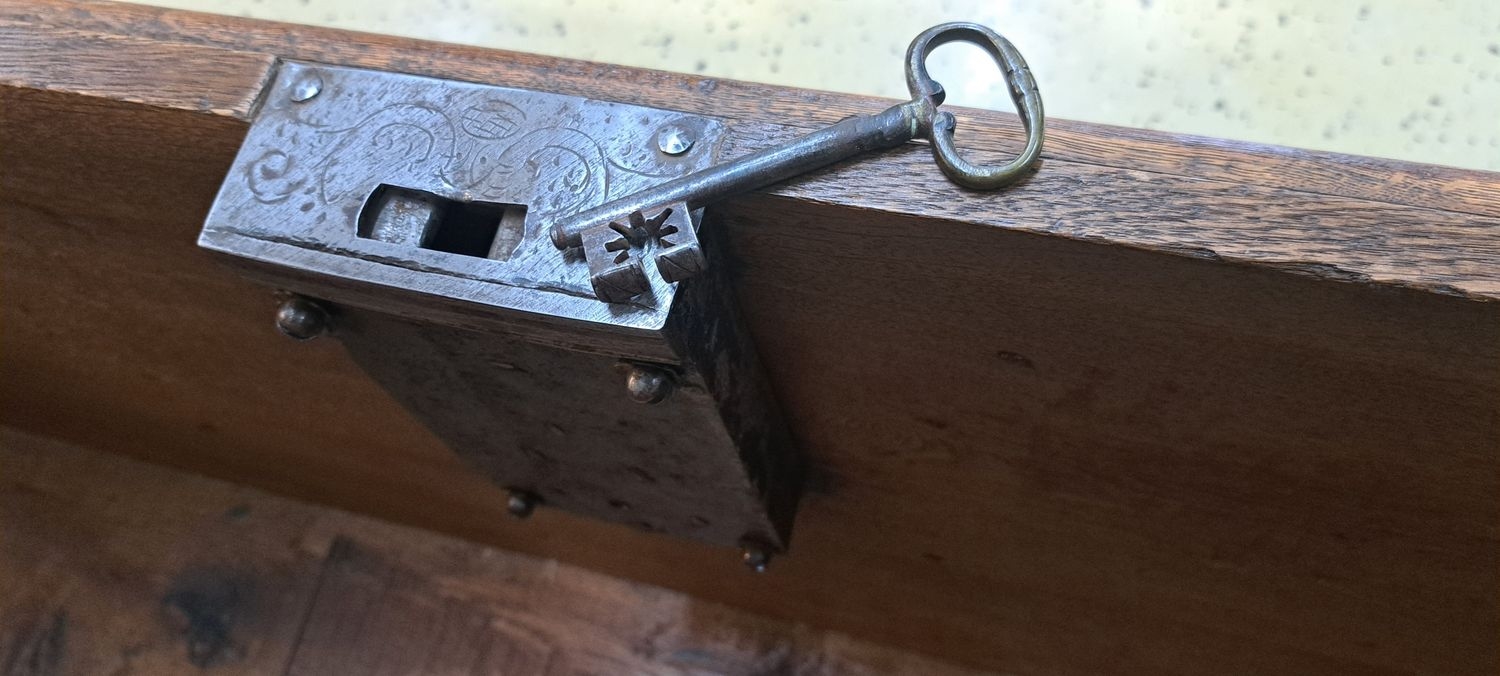 Detail g: Marburger Hochzeitstruhe, um 1780, Eiche massiv, Front, Seiten und Deckel aufwendig kassettiert, Front mit eingelegten Stern- und Filetbändern ...