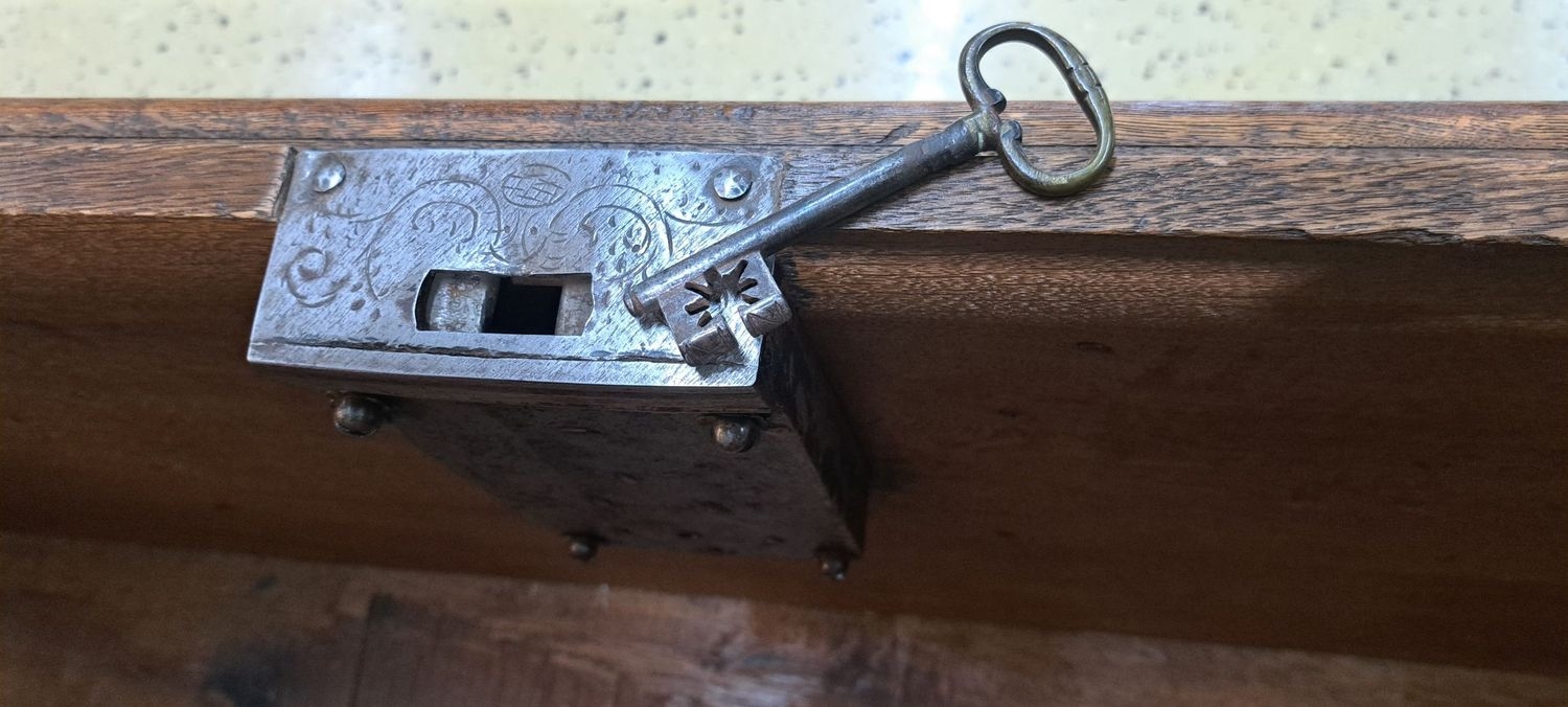 Detail h: Marburger Hochzeitstruhe, um 1780, Eiche massiv, Front, Seiten und Deckel aufwendig kassettiert, Front mit eingelegten Stern- und Filetbändern ...