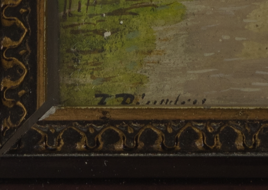 Detail b: J. Ringler, zwei Pendants, Anfang 20. Jh., Postkutschen bei der Rast, Miniaturmalereien auf Karton, signiert, ca. 9 x 14 cm, unter Glas, Rahmen ca. ...