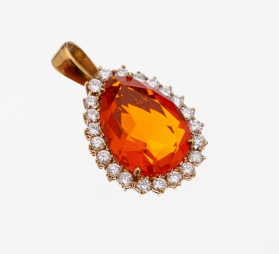 Image 26968807 - 18 kt Gold Feueropal-Brillant-Anhänger, GG 750/000, facett. Opal-Tropfen, umgeben ...