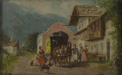 Image J. Ringler, zwei Pendants, Anfang 20. Jh., Postkutschen bei der Rast, Miniaturmalereien ...