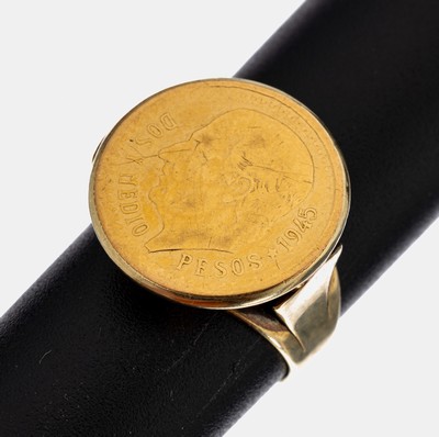 Image 26968988 - 14 kt Gold Münz-Ring, Schiene und Fassung GG 585/000, Dos y Medios Pesos 1945 ...