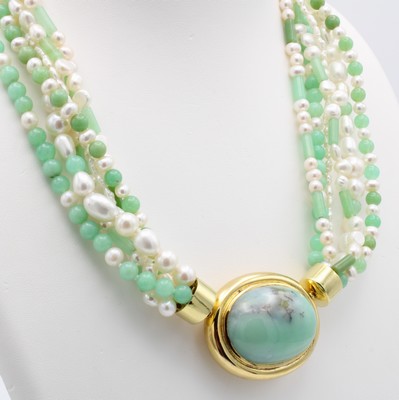 26969031a - 5-reihiges Collier aus Lemonchrysopras und Süßwasserperlen, ...