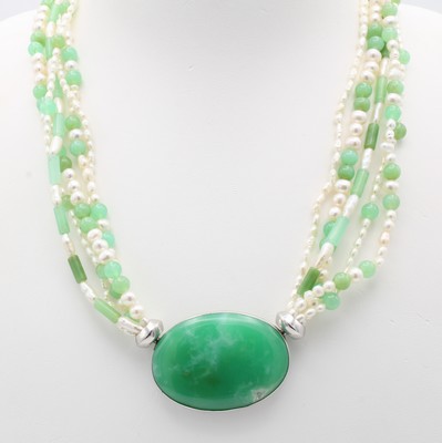 26969034a - 5-reihiges Chrysoprasperlcollier mit Wechsel- schließe, Endteile Edelstahl, ...