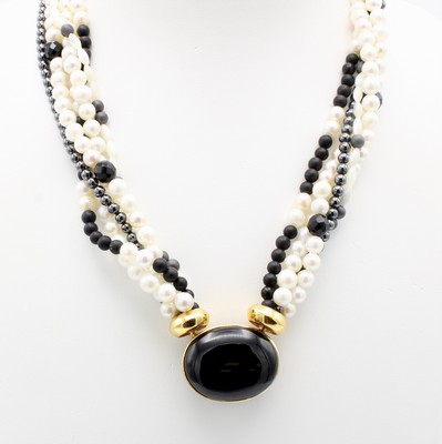 Image 5-reihige Kette aus Onyx, Perlen, Hämathit und Perlmutt, Wechselschließ mit ...