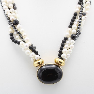 26969040a - 5-reihige Kette aus Onyx, Perlen, Hämathit und Perlmutt, Wechselschließ mit ...