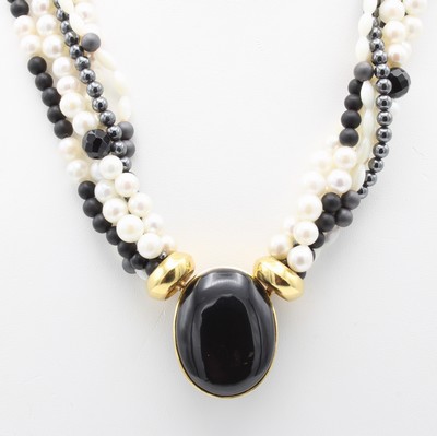 26969040b - 5-reihige Kette aus Onyx, Perlen, Hämathit und Perlmutt, Wechselschließ mit ...