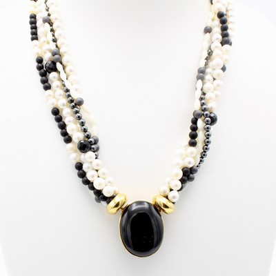 26969040c - 5-reihige Kette aus Onyx, Perlen, Hämathit und Perlmutt, Wechselschließ mit ...