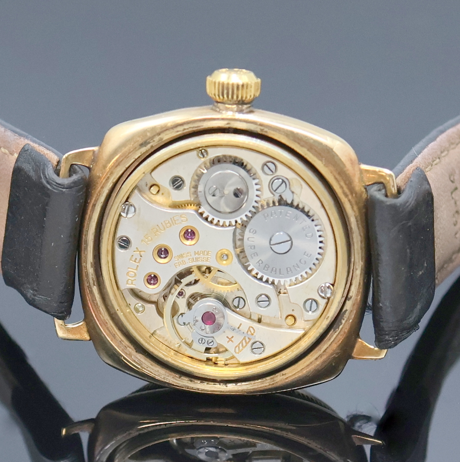 Detail e: ROLEX "Kanalschwimmer" Armbanduhr in RG 375/000 Referenz 2941, Schweiz um 1938, Handaufzug, kissenförmiges Geh. m. geriffelter Lünette, ...