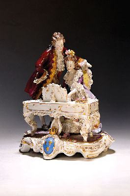 Image Große Porzellanfigurengruppe, Aelteste Volkstedt, um 1910-20, Herr und Dame am ...