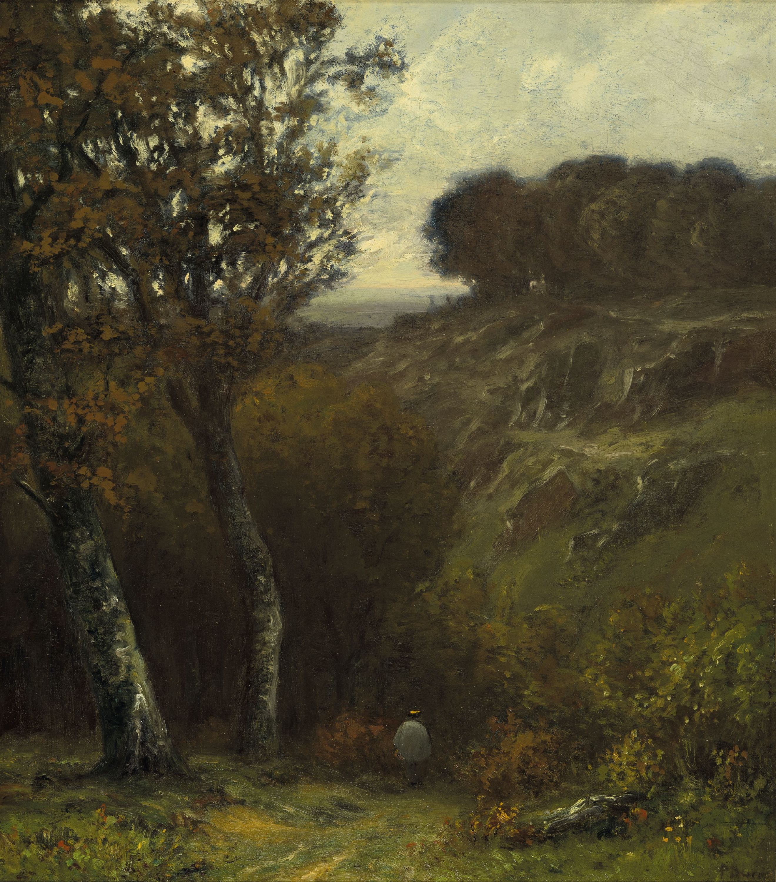 Karl Peter Burnitz, 1824 Kronberg-1886 Frankfurt am Main, Landschaft mit Wanderer im Taunus, Öl/Lwd, rest., doubl., rechts unten sign., ca. 40x35cm, ...