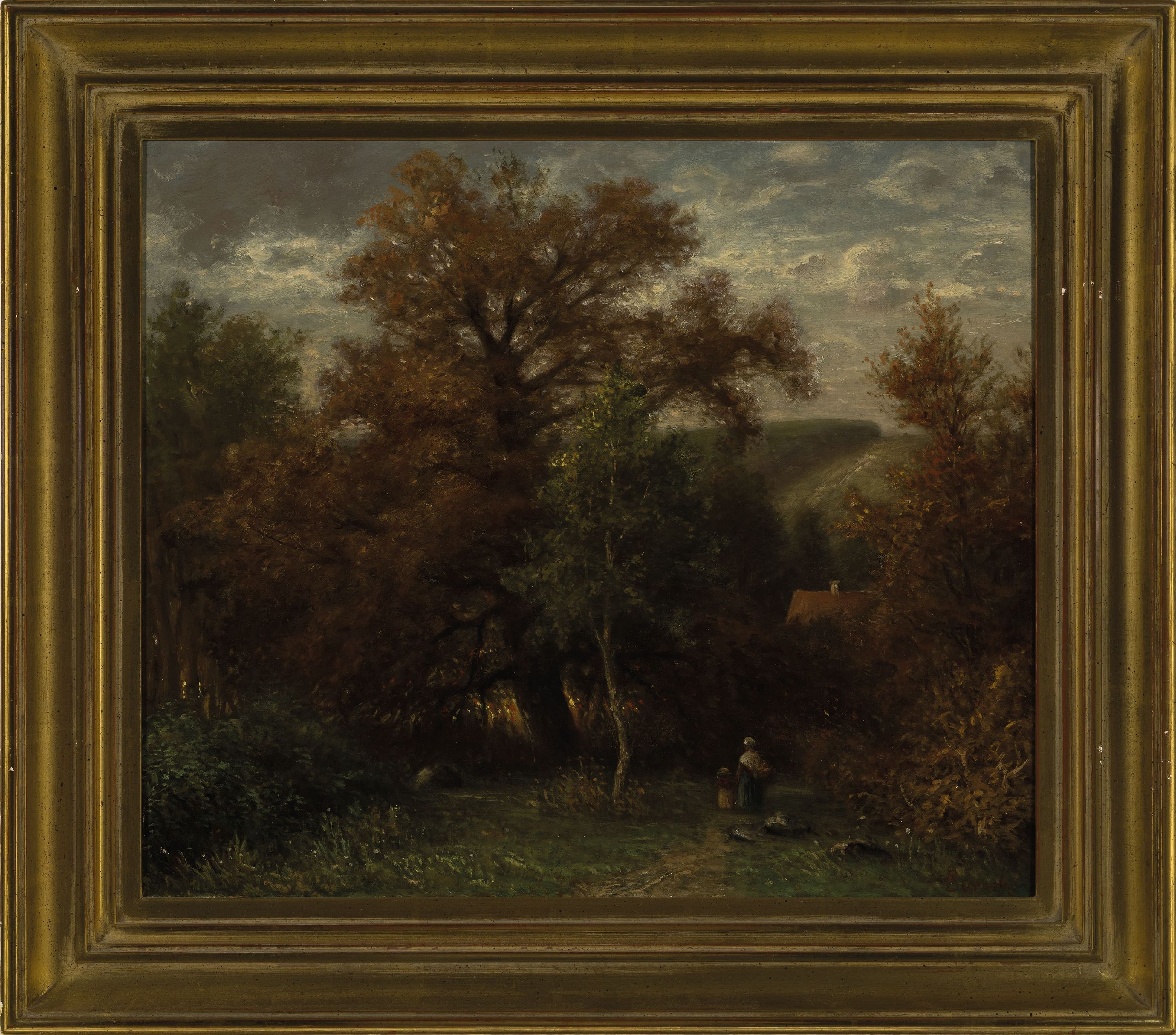 Detail k: Karl Peter Burnitz, 1824 Kronberg-1886 Frankfurt am Main, Herbstliche Landschaft, Mutter mit Kind auf dem Weg zum Haus, Öl/Lwd, rest., doubl., ...