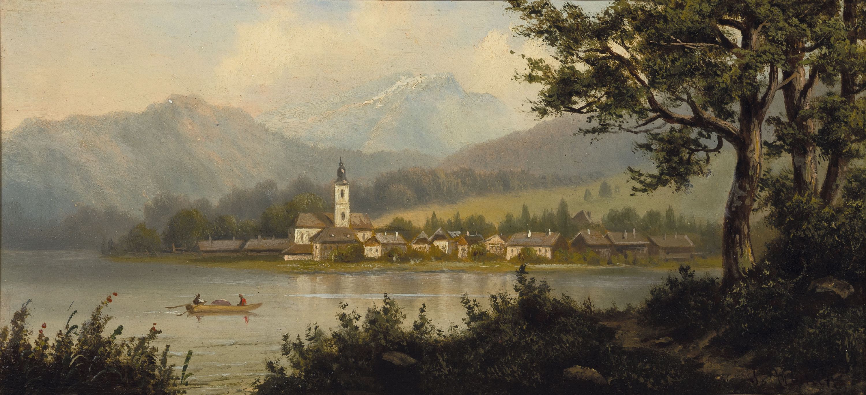J. Palmer, Maler des 19. Jh., Ansicht von St. Wolfgang in Salzburg, so rückseitig betitelt, Öl/Holz, rechts unten signiert, ca. 15x31cm, R. ca. ...