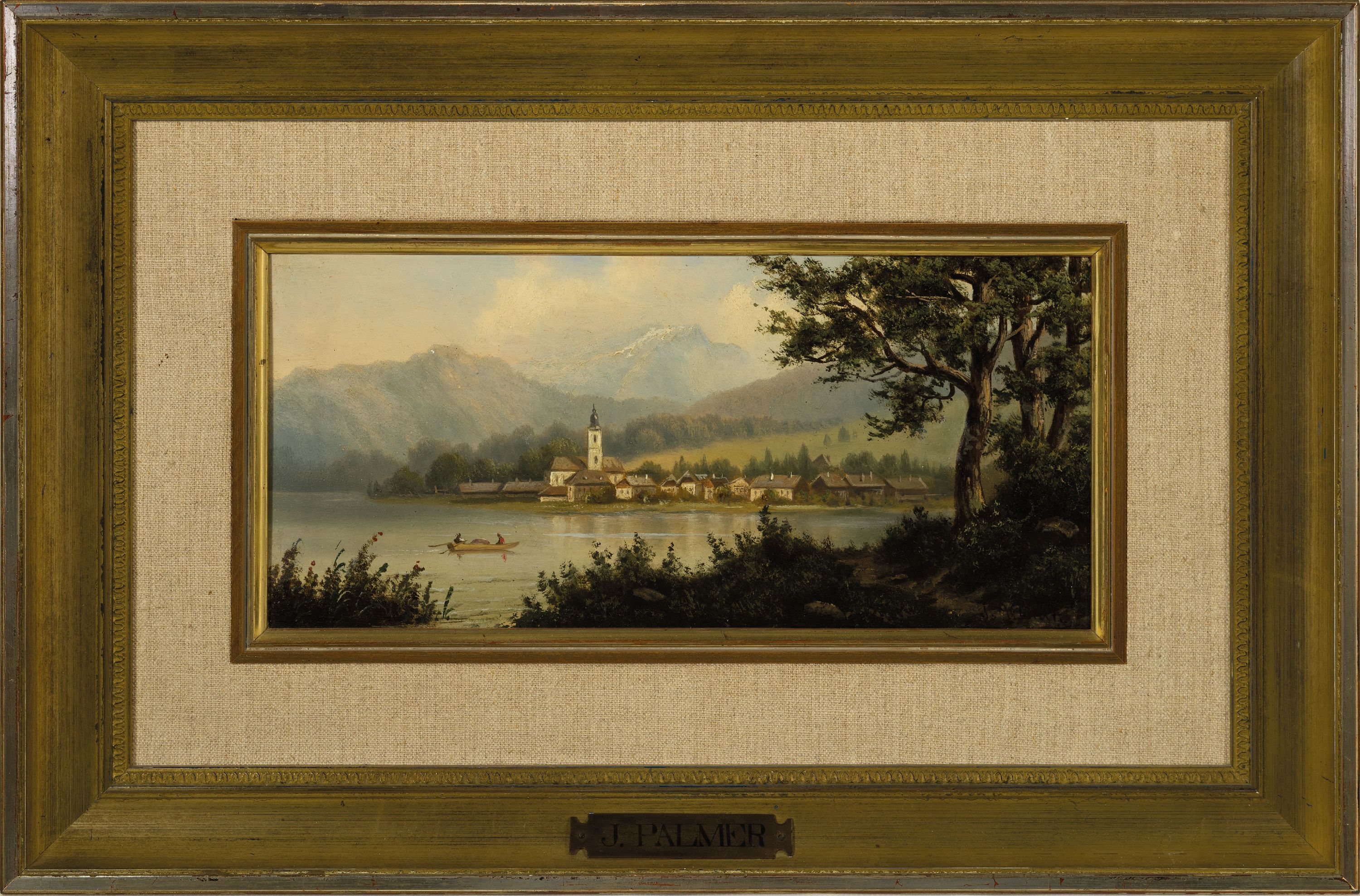 Detail k: J. Palmer, Maler des 19. Jh., Ansicht von St. Wolfgang in Salzburg, so rückseitig betitelt, Öl/Holz, rechts unten signiert, ca. 15x31cm, R. ca. ...