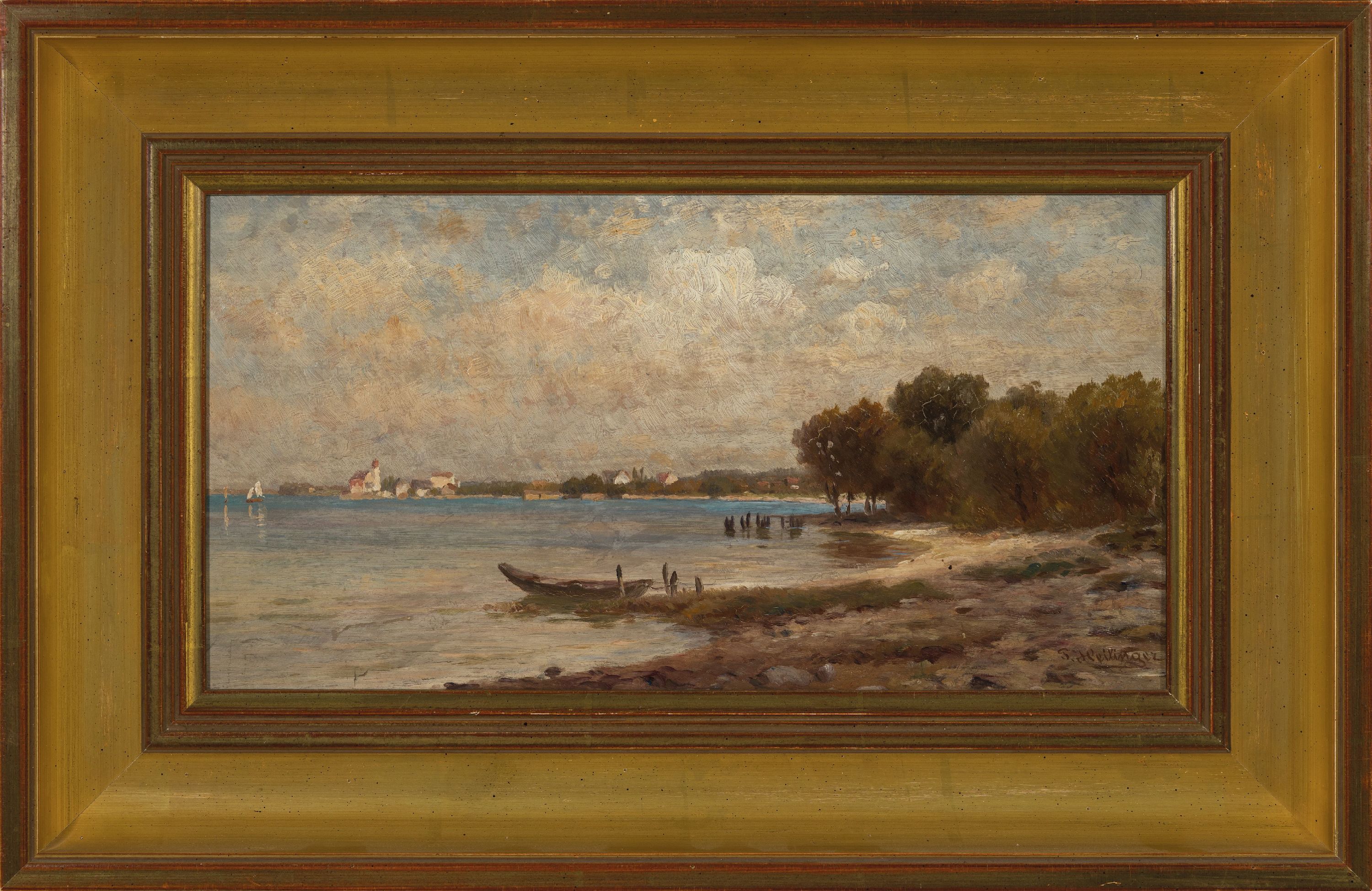 Detail k: Paul Heitinger, 1841 Taubenberg bei Lindau-1920 München, Seeuferlandschaft, Öl/Holz, rechts unten signiert, ca. 17x33cm, R. ca. 28x42cm