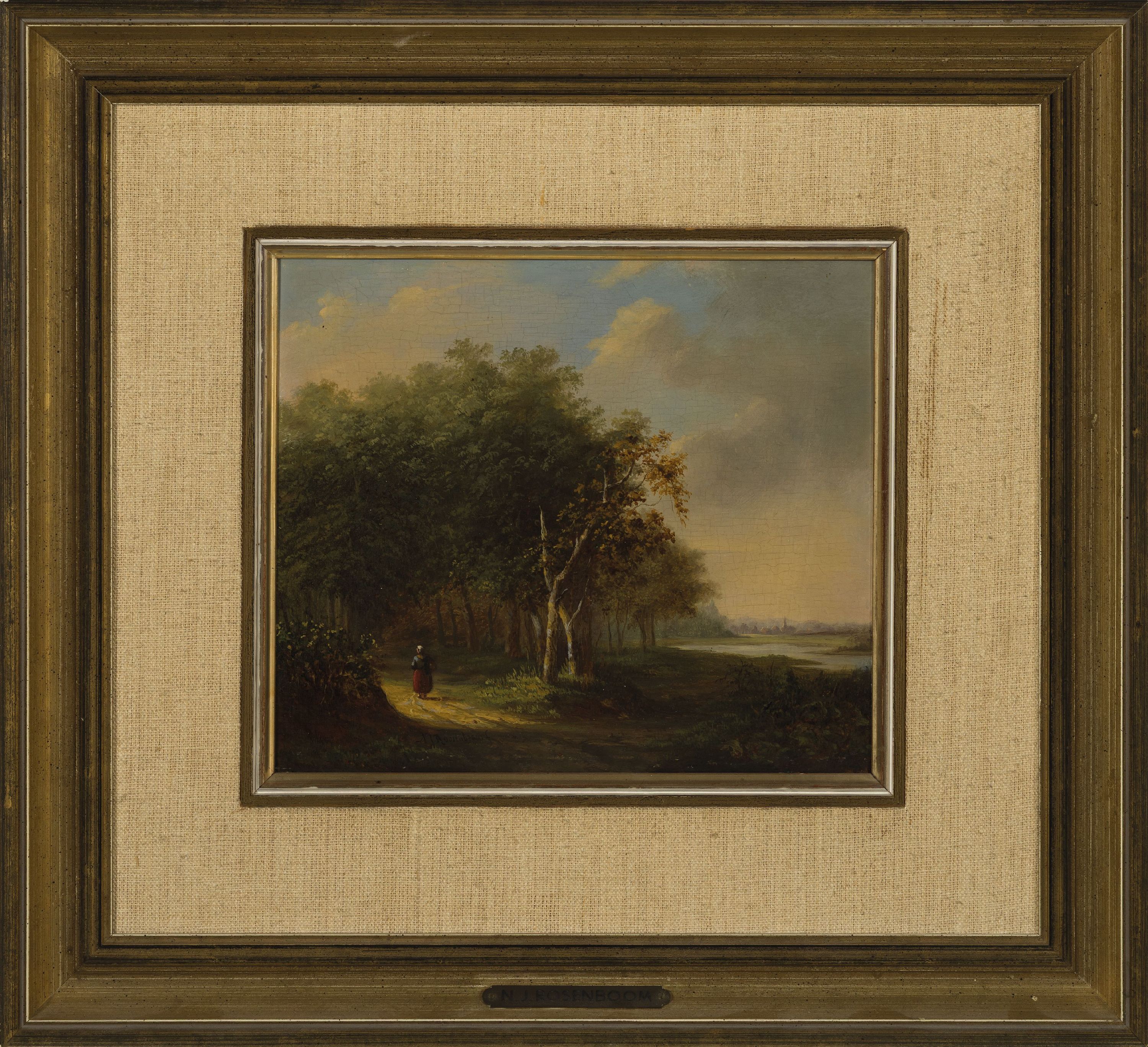 Detail k: Nicolas Johannes Roosenboom, 1805-1880, Landschaft mit Bäumen am Flusslauf und einer Spaziergängerin, Öl/Holz, links unten sign., ca. 20x23cm, R. ...