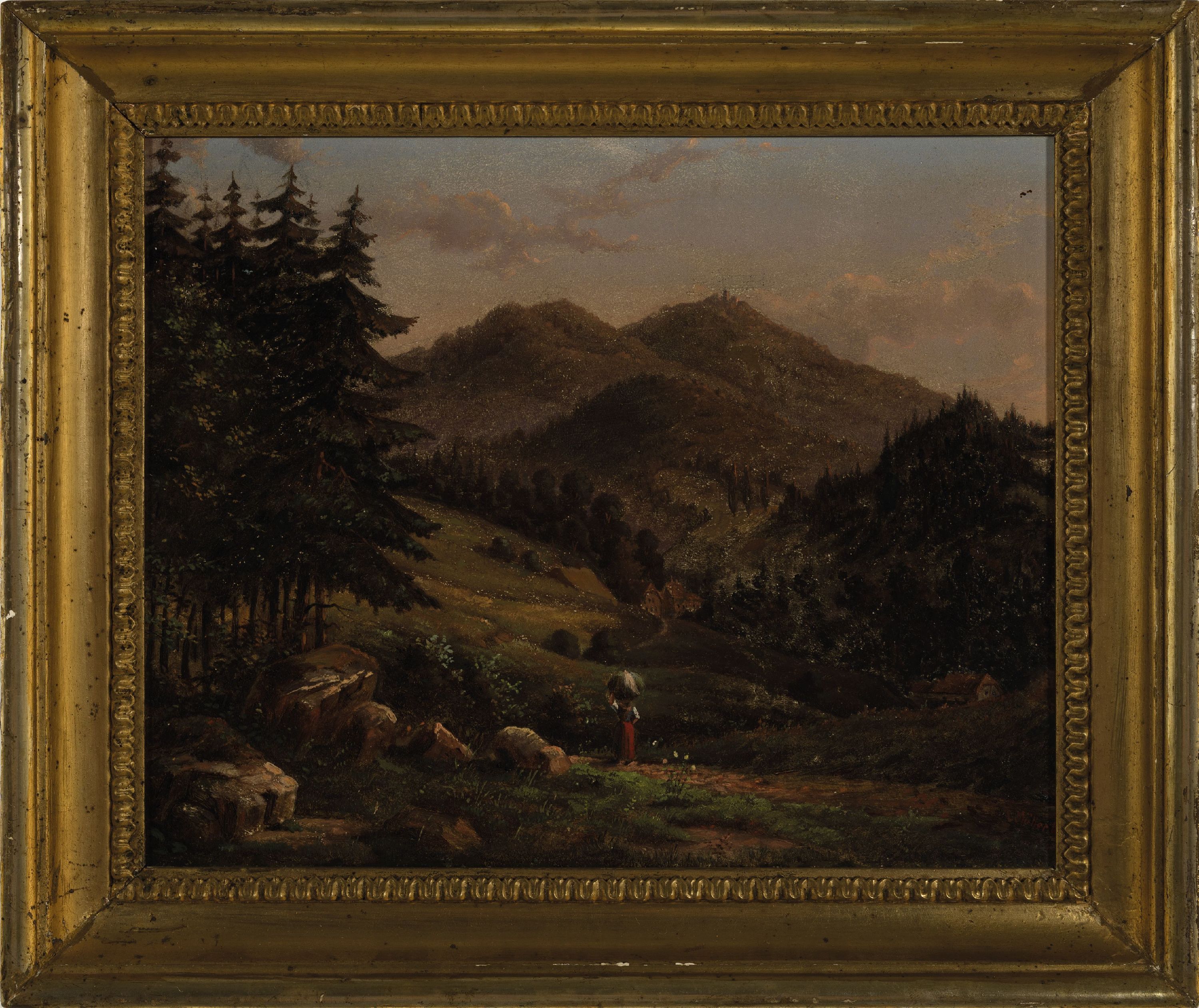 Detail k: L. Müller, wohl Maler der Kronberger Schule, um 1880-90, Landschaft im Taunus mit Reisigsammlerin, Öl/Holz, rechts unten sign., rückseitig ...