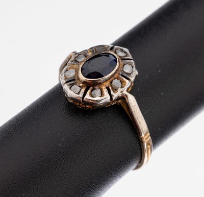 Image 26969866 - 14 kt Gold Farbstein-Diamant-Ring, um 1910, GG 585/000 gepr., mittig ovalfacett. ...