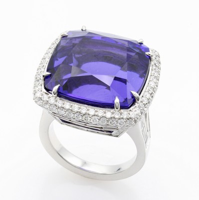 26969881b - Ausgefallener Ring mit Tansanit, Diamanten und Brillanten, WG 750/000, Tansanit ca. ...