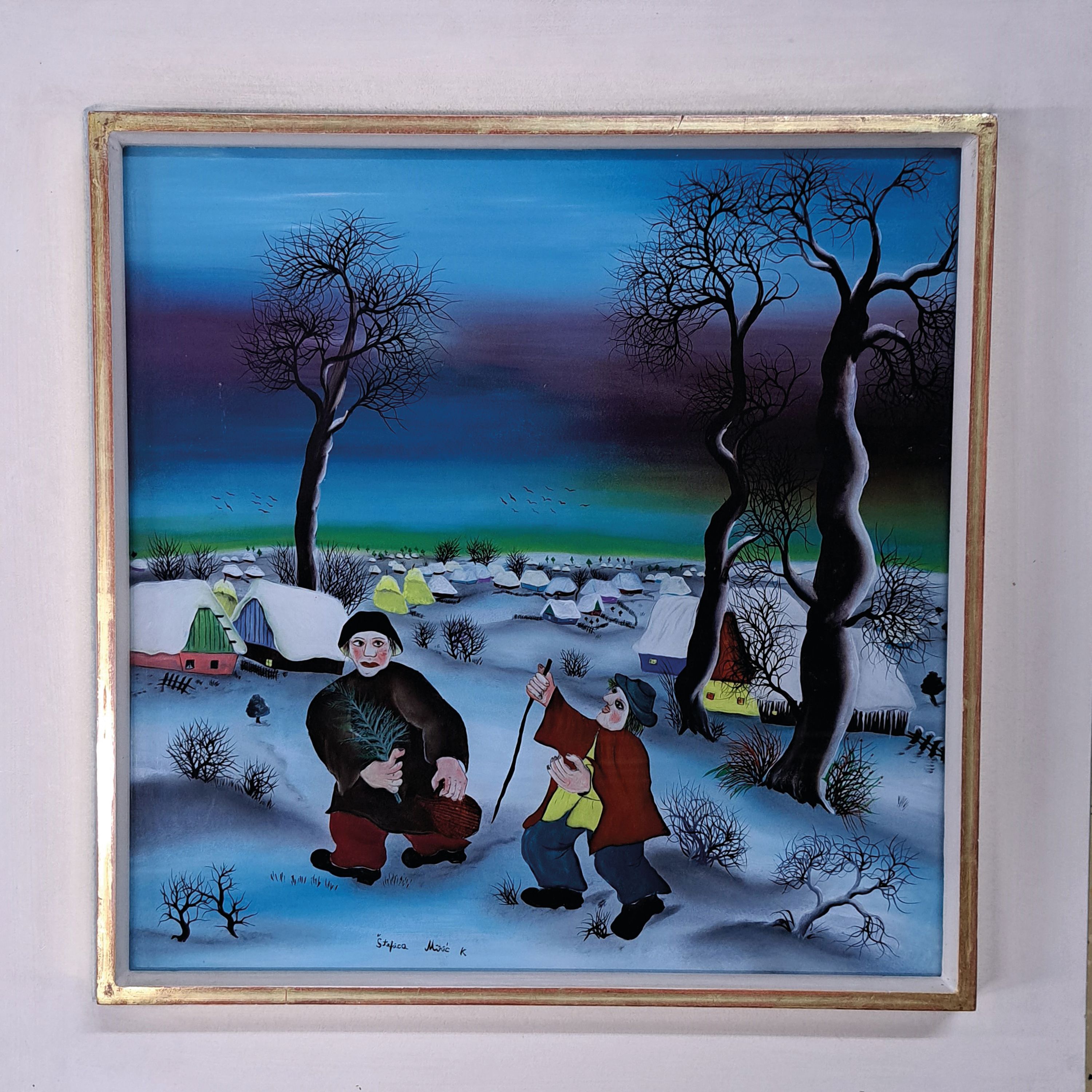Detail k: Stefica Miric-Katalenic, zeitgen. Künstlerin, Schneelandschaft mit Dorf und Personen, Hinterglasmalerei, signiert, ca. 40x40cm, R. ca. 55x55cm