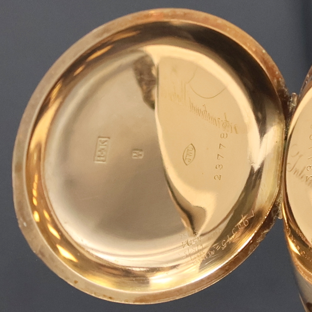 Detail c: IWC offene Herrentaschenuhr in Roségold 585/000 an Kette in GG 333/000, Schweiz um 1898, glattes Geh. dell., sign. Goldcuvette, gold. guill. ...