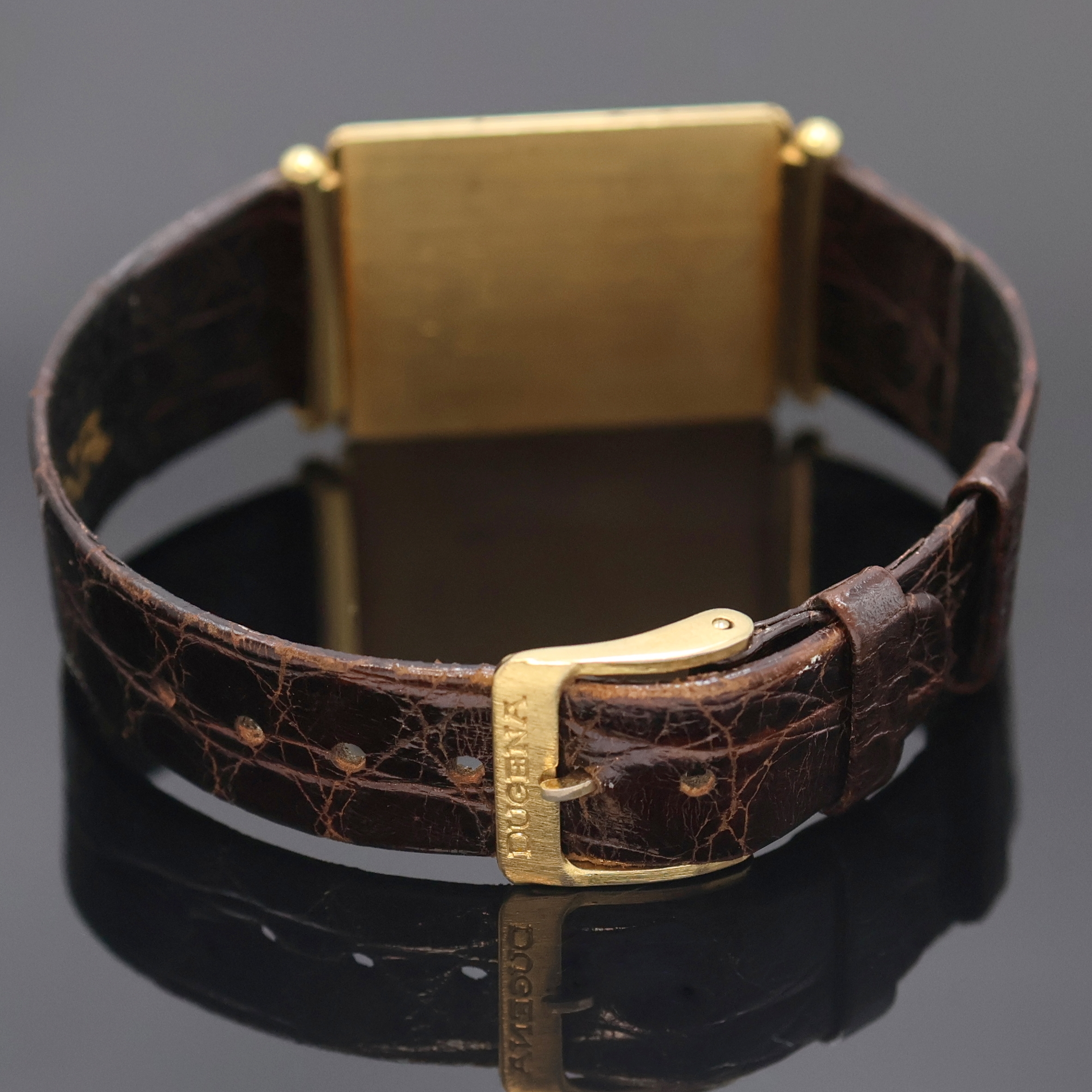 Detail f: DUGENA ultraflache Armbanduhr in GG 750/000 Referenz 87135 295, Schweiz um 1978, orig. Lederband m. verg. orig. Dornschl., LCD Display, Kal. ESA ...