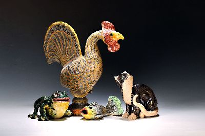 Image 26969932 - 4 Tierfiguren von Elly Steuer Keramik, bunt glasiert, am Boden jeweils monogr., Hahn H. ...