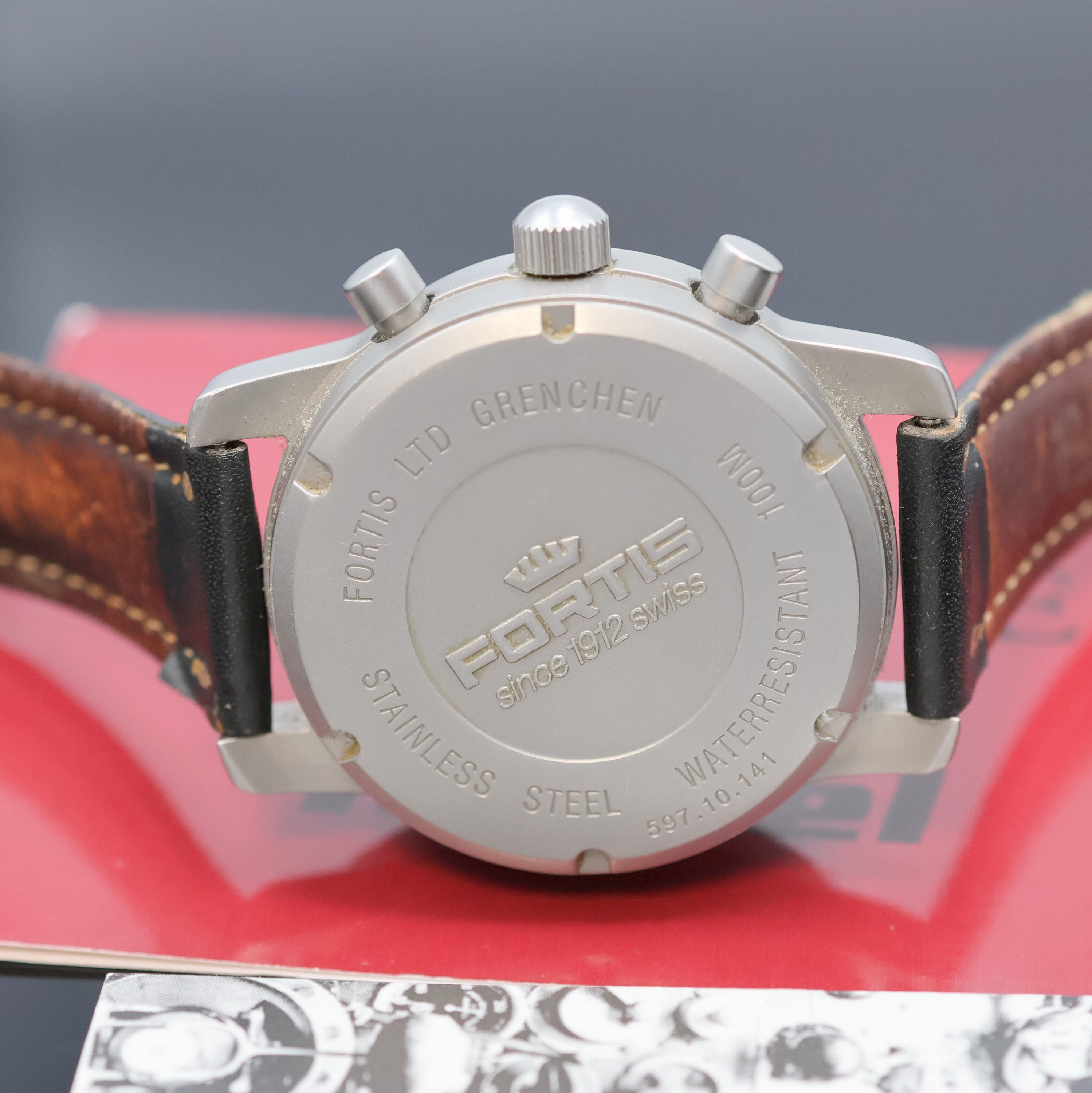 Detail f: FORTIS Armbandchronograph Referenz 597.10.141, Automatik, Edelstahlgeh., Boden verschr., Lederband (zu ers.) m. orig. Dornschl., schwarzes Zifferbl. ...