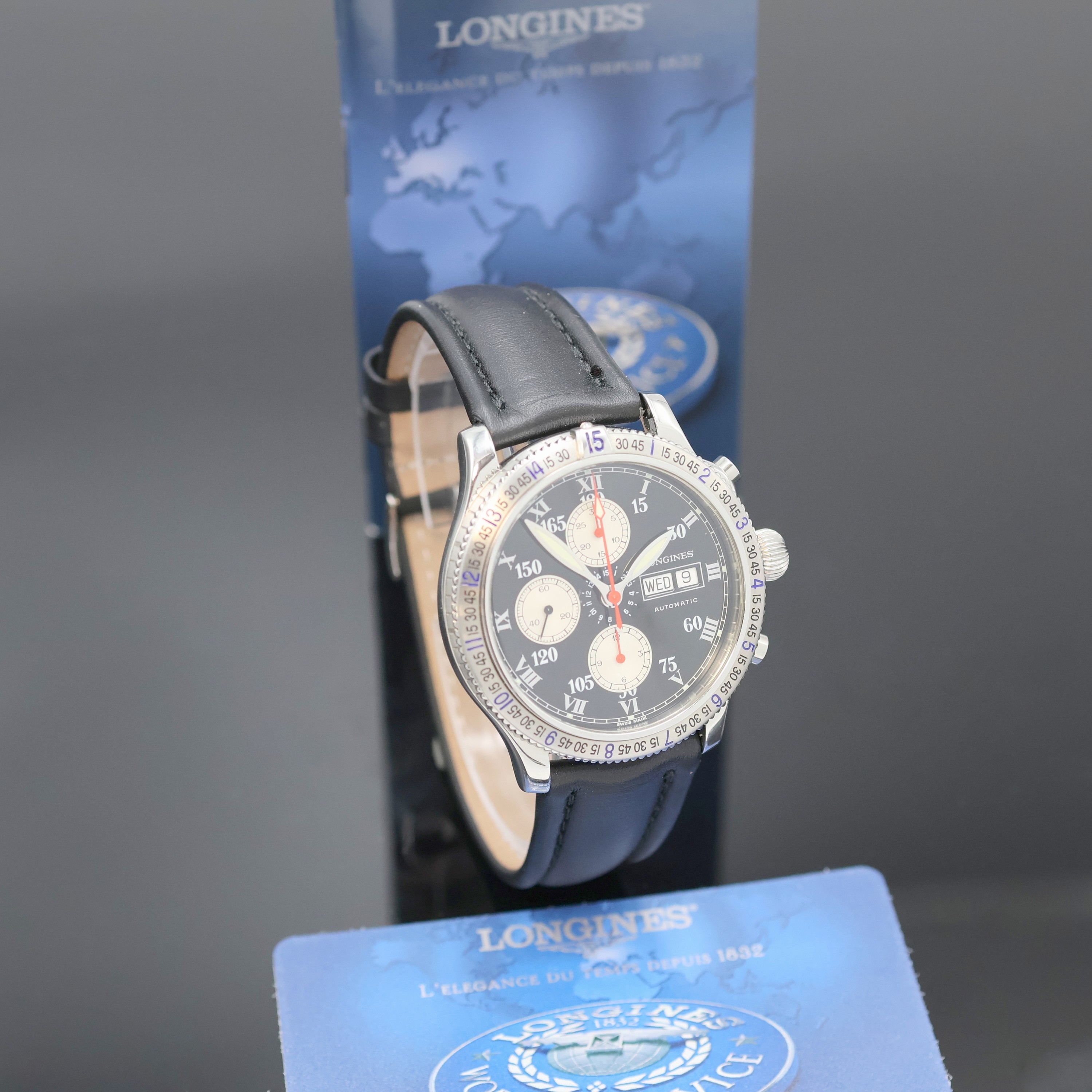 Detail b: LONGINES Armbandchronograph Special Series designed by Charles A. Lindbergh Referenz L2.618.4, Automatik, beids. vergl. Edelstahlgeh. inkl. orig. ...