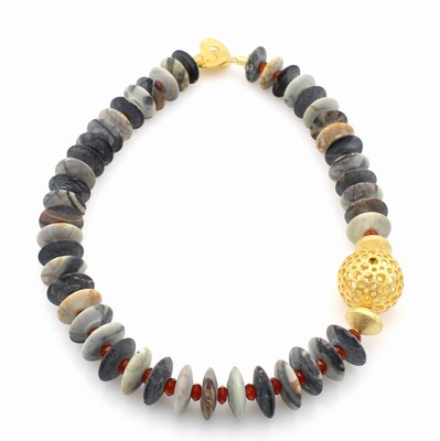Image Collier mit Jaspislinsen und Karneolen, Schließe u. Zwischenteile 925er Silber ...