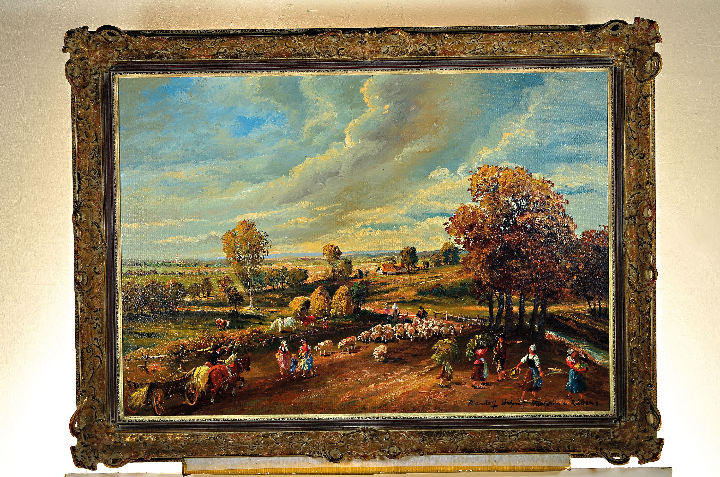Detail k: Randolf Wehn, 1911-1990 München, Landschaft mit von Menschen und Tieren belebter Landstraße, Öl/Lwd, rechts unten signiert: Variation nach Rubens ...
