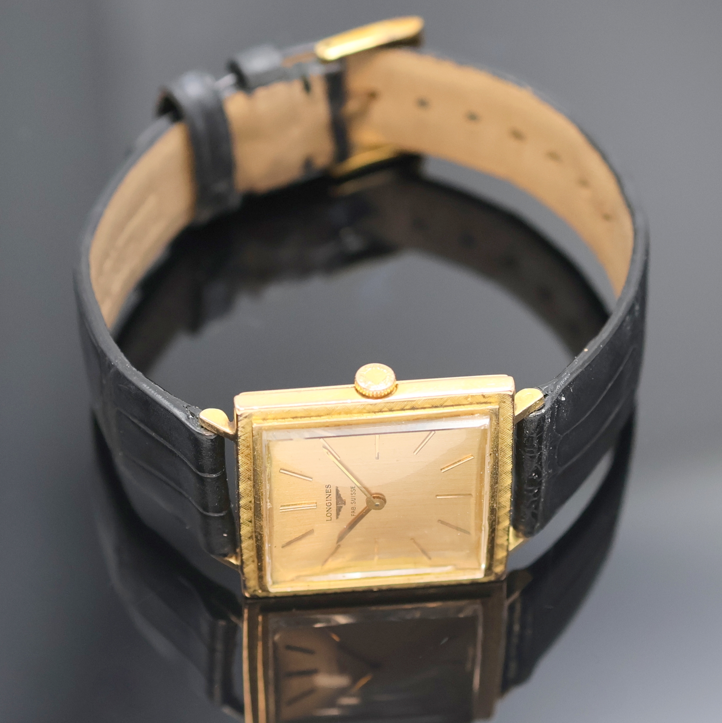 Detail c: LONGINES quadratische Armbanduhr in RG 750/000 für den französischen Markt, Schweiz/ Frankreich um 1964, 2-teil. Geh., Boden aufgedr., orig. Krone, ...