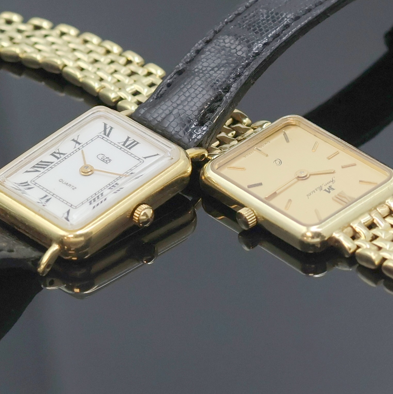 Detail c: JEAN MARCEL / CITO 2 rechteckige Damenarmbanduhren in GG 585/000, Schweiz um 1990, quarz, 2-teil. Geh., Böden aufgedr., 1) m. GG 585/000 Band, gold. ...