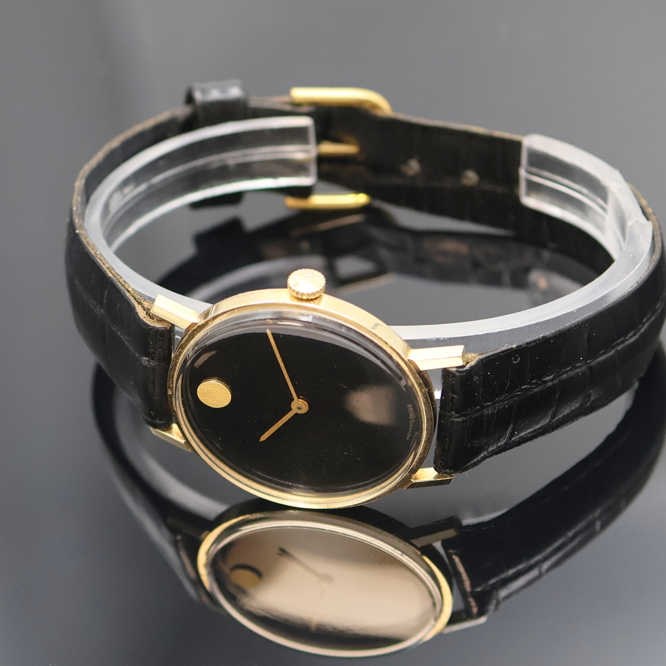 Detail b: MOVADO frühe Museumswatch Armbanduhr für den amerikanischen Markt in GG 585/000, Schweiz/USA um 1965, Handaufzug, 2-teil. Geh., Boden aufgedr., ...