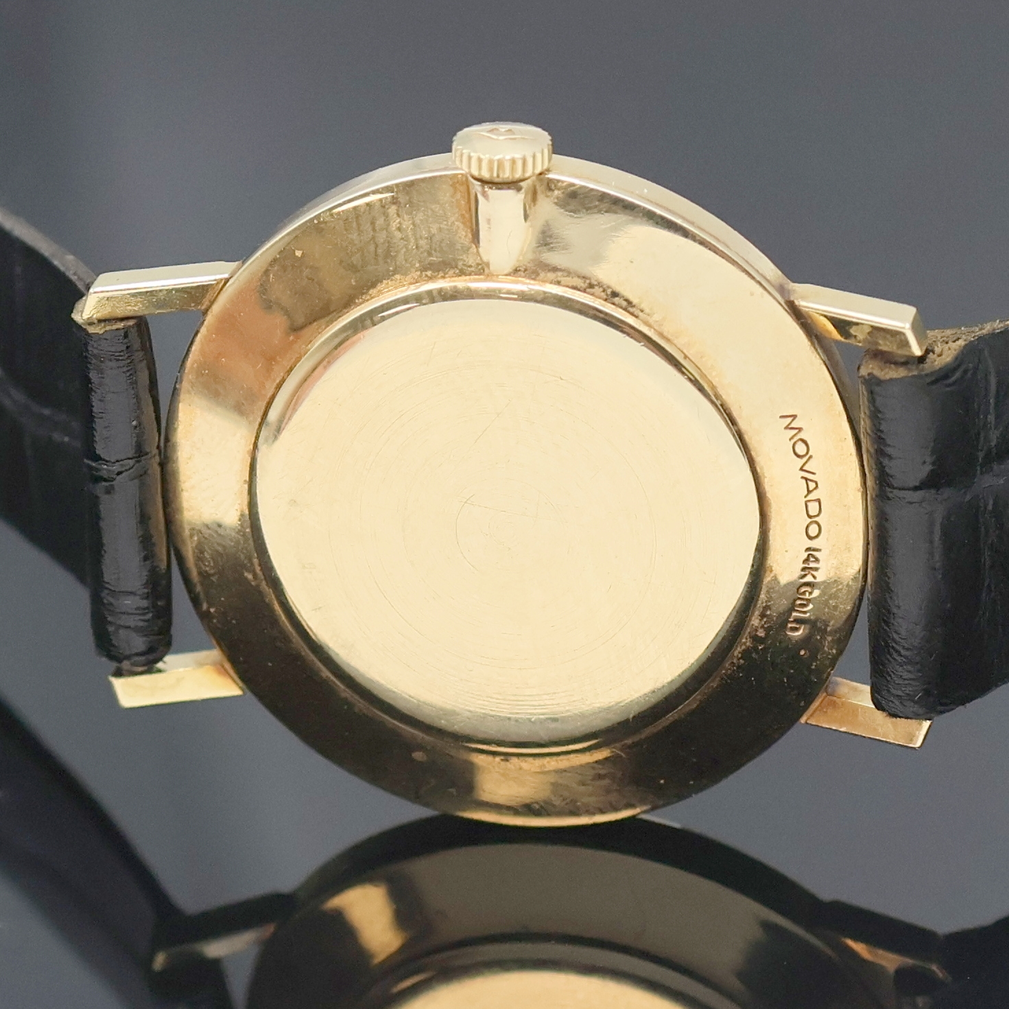 Detail e: MOVADO frühe Museumswatch Armbanduhr für den amerikanischen Markt in GG 585/000, Schweiz/USA um 1965, Handaufzug, 2-teil. Geh., Boden aufgedr., ...