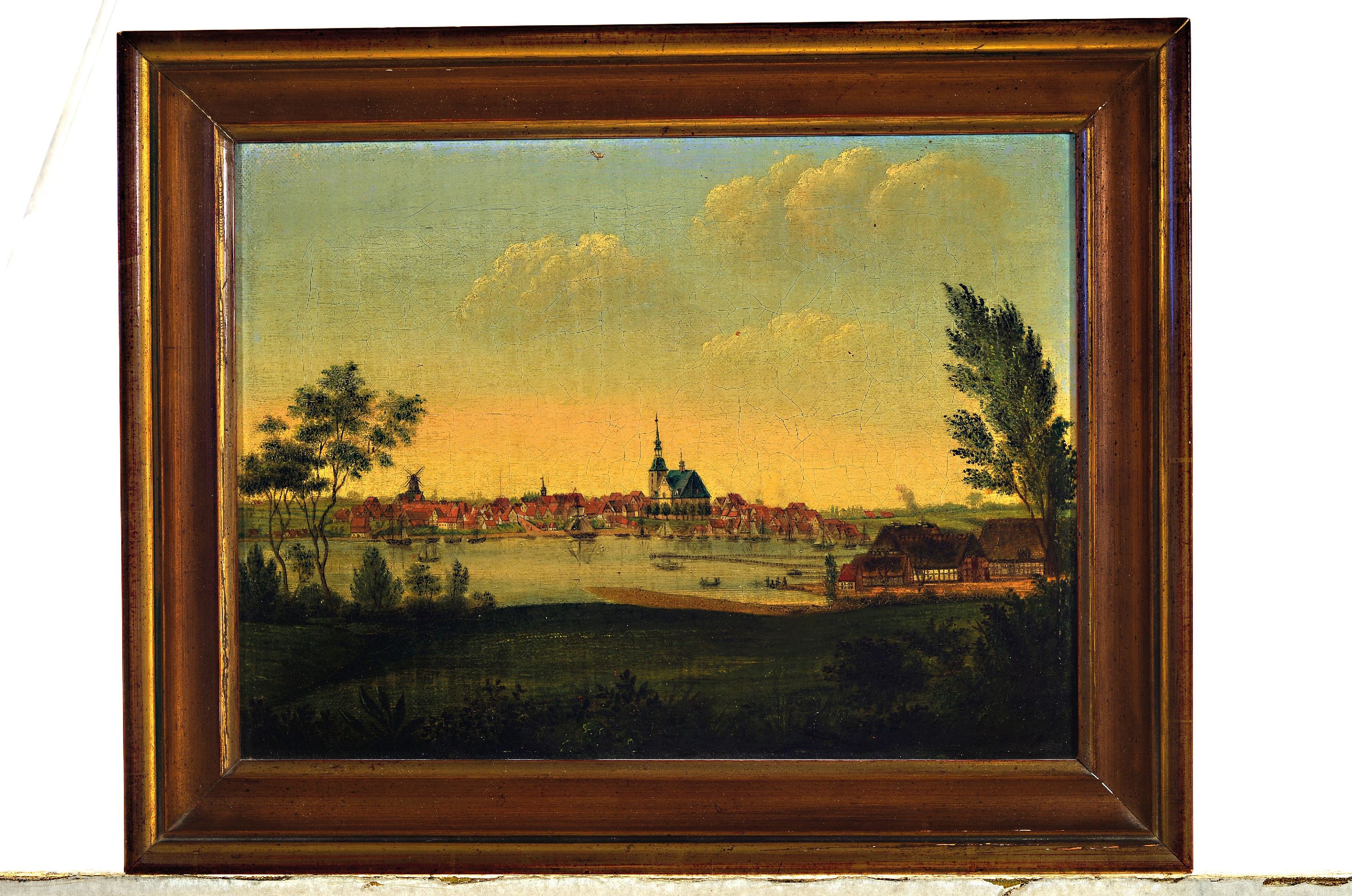 Detail k: Friedrich Loos, 1797 Graz-1890 Kiel, Blick wohl über die Donau auf ein Stadtpanorama, detaillierte Malerei, mittig unten signiert und datiert 1859, ...