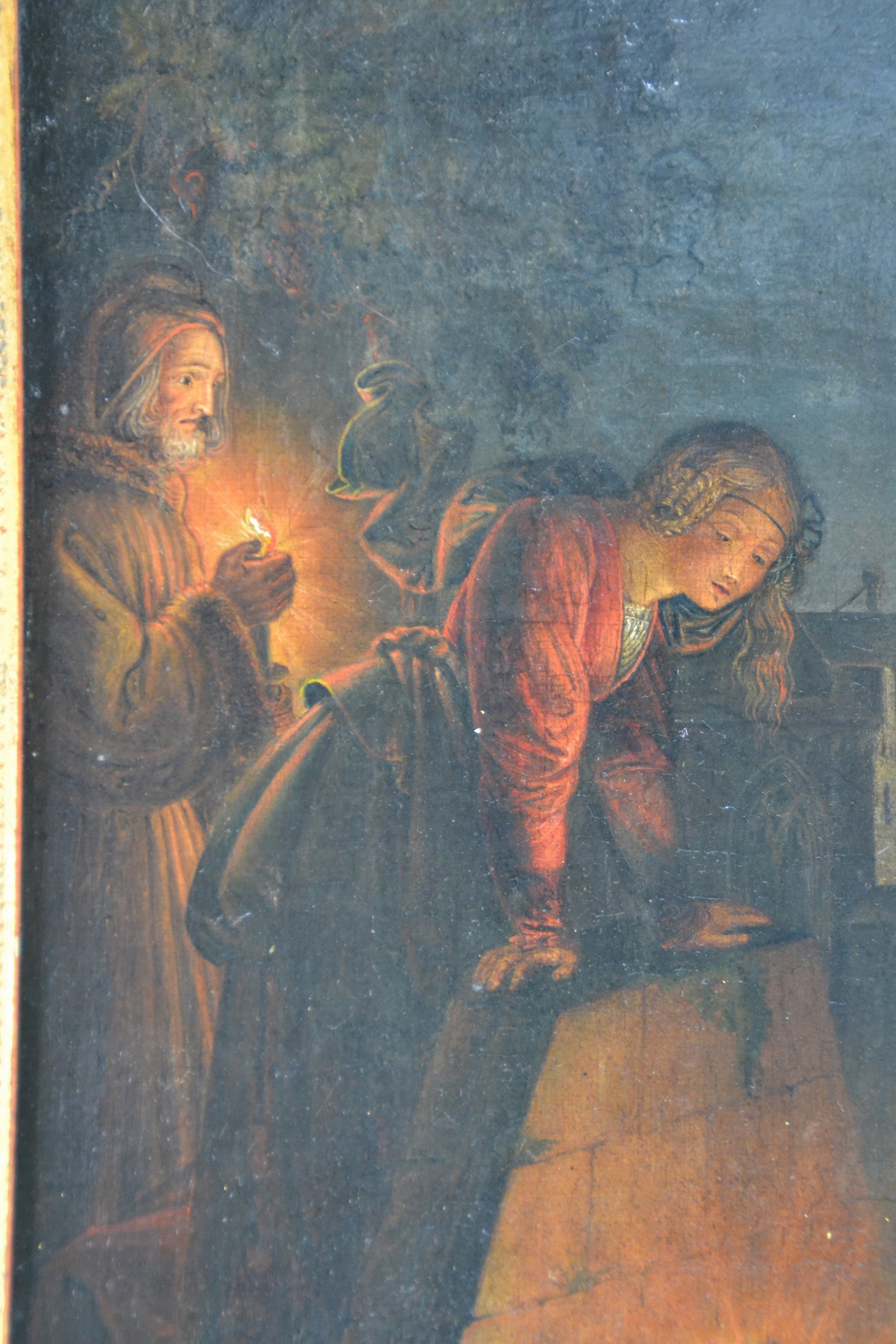Detail a: Unbekannter Künstler, um 1830-40, vielfigurige Szene um einen gefallenen Krieger in einer mittelalterlichen Stadt, Öl/Lwd, rest., Keilrahmen ...