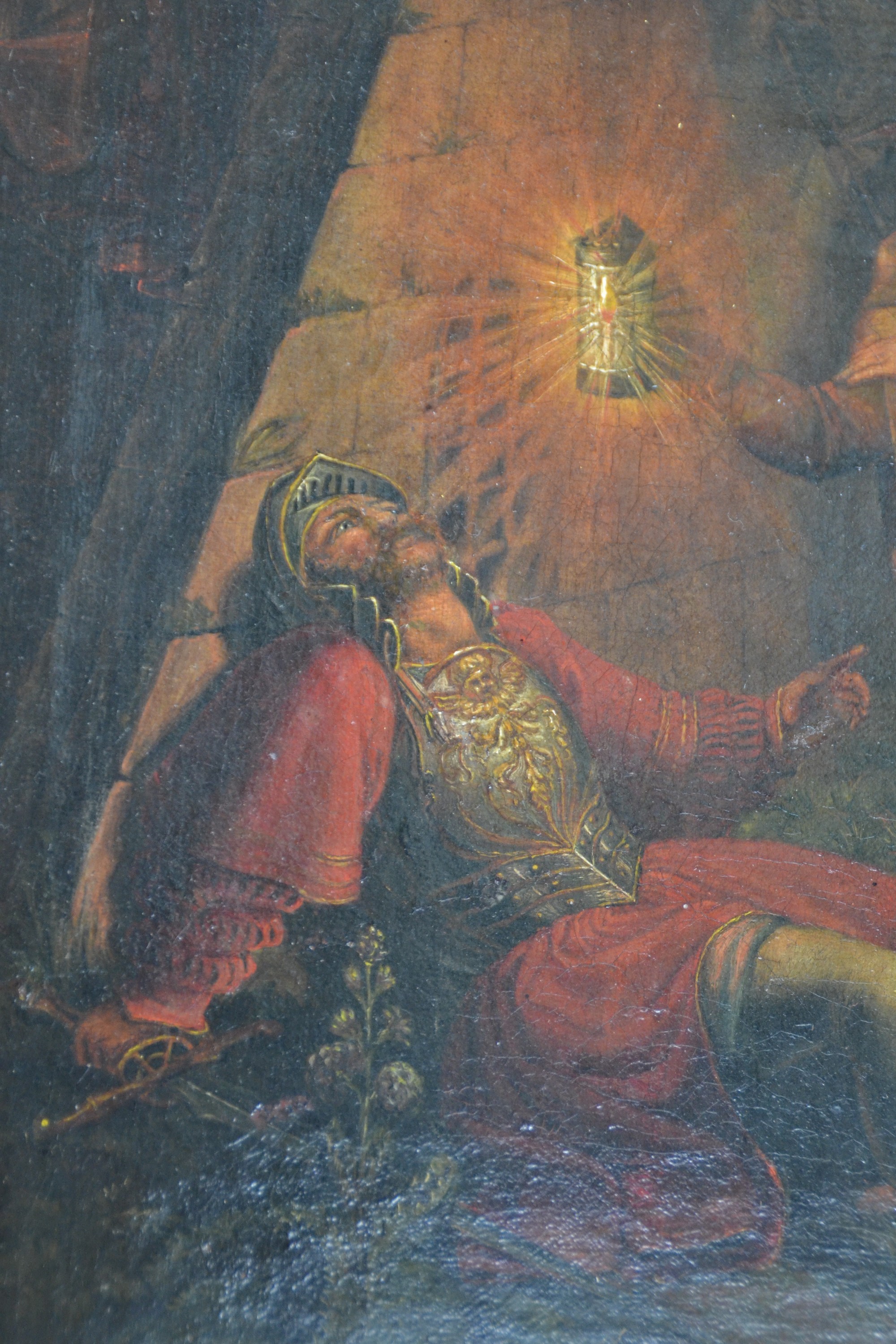 Detail b: Unbekannter Künstler, um 1830-40, vielfigurige Szene um einen gefallenen Krieger in einer mittelalterlichen Stadt, Öl/Lwd, rest., Keilrahmen ...